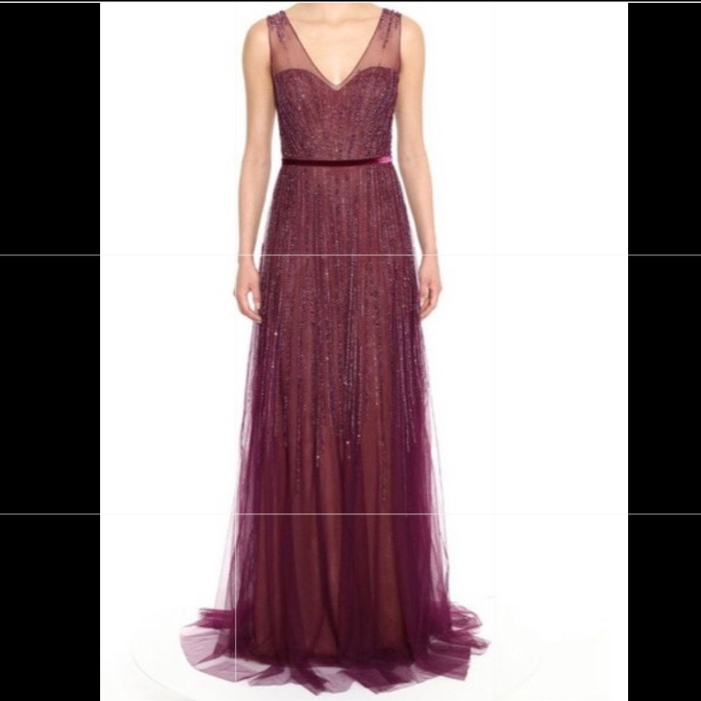 Marchesa Notte Plum Sleeveless Fully Beaded Gown Formal Dress